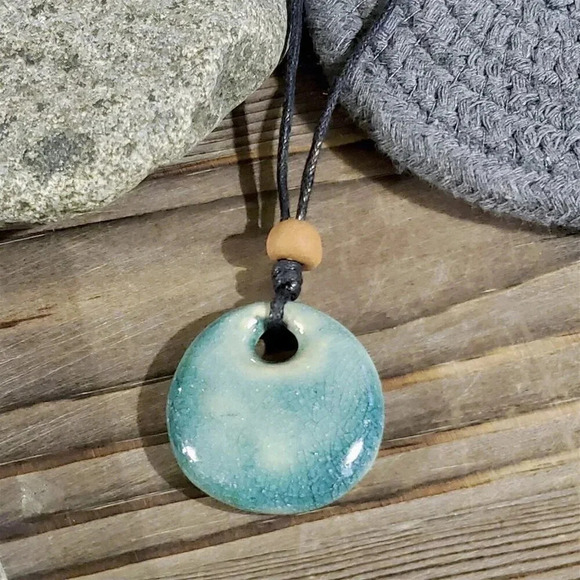 Chaozhou Porcelain Blue Pendant Terra Cotta Cotton Necklace - Picture 3 of 6